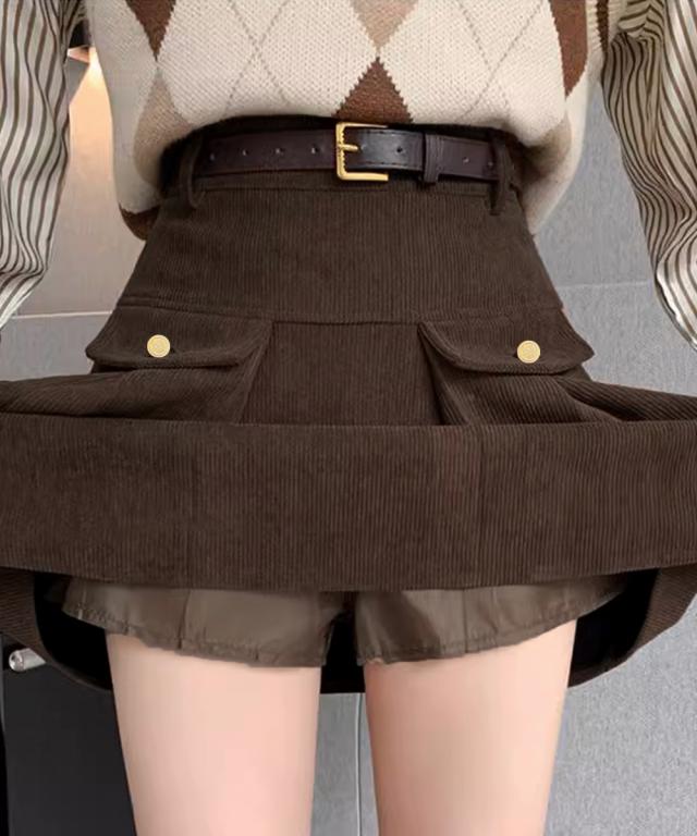 コーデュロイプリーツスカート ベルト付き 送料無料 即日発送-8