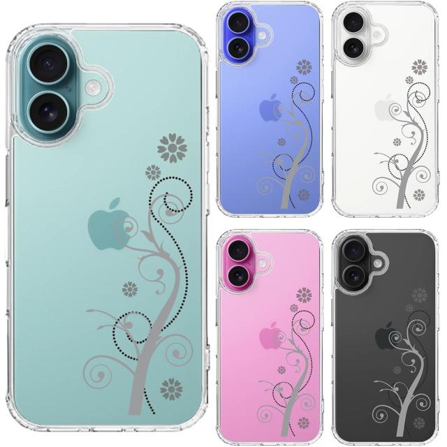 iPhone16 ケース クリア フローラル つる模様 グレー スマホケース 側面ソフト 背面ハード ハイブリッド 送料無料-1