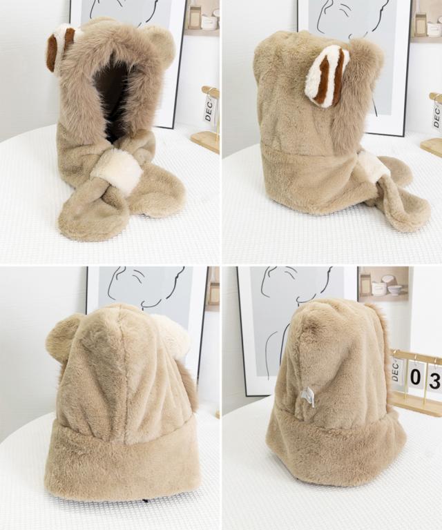 くまみみ帽子 マフラー付きファー帽子暖か 送料無料 即日発送-2