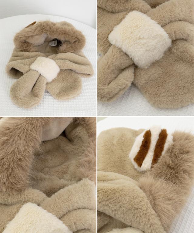 くまみみ帽子 マフラー付きファー帽子暖か 送料無料 即日発送-3