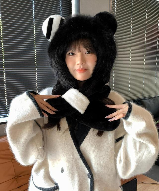 くまみみ帽子 マフラー付きファー帽子暖か 送料無料 即日発送-4