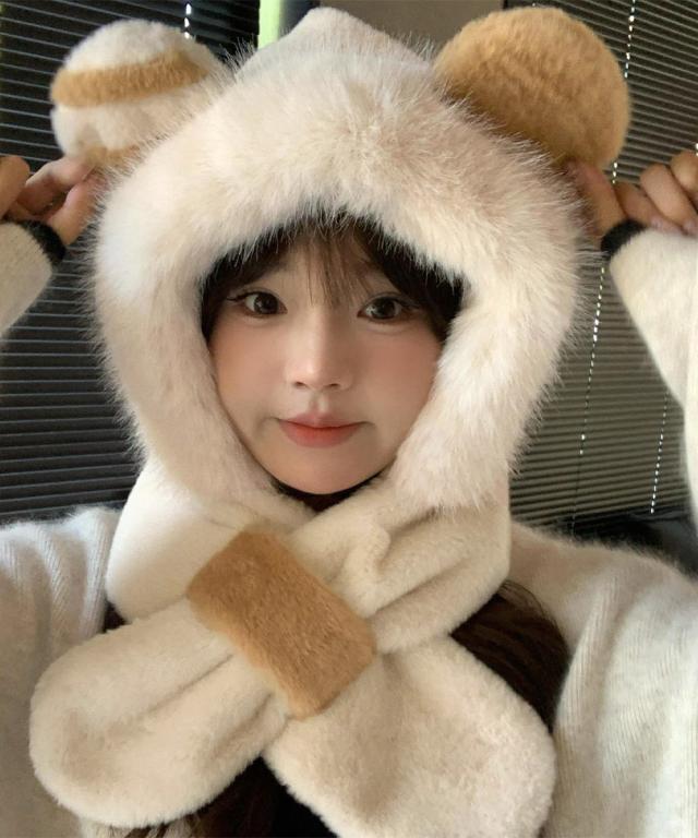 くまみみ帽子 マフラー付きファー帽子暖か 送料無料 即日発送-5