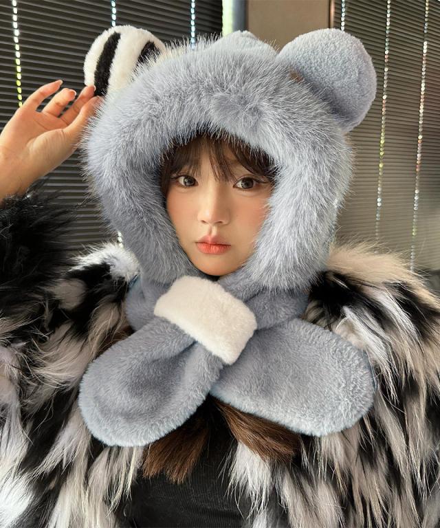 くまみみ帽子 マフラー付きファー帽子暖か 送料無料 即日発送-8