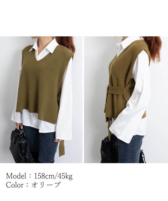 ベルト付きニットベストニットジレVネック 送料無料 即日発送-9