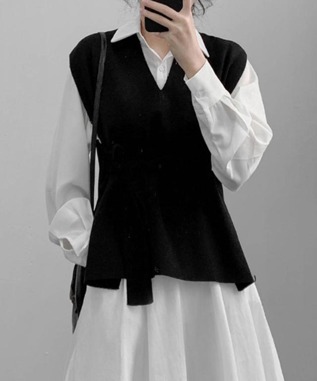 ベルト付きニットベストニットジレVネック 送料無料 即日発送-4