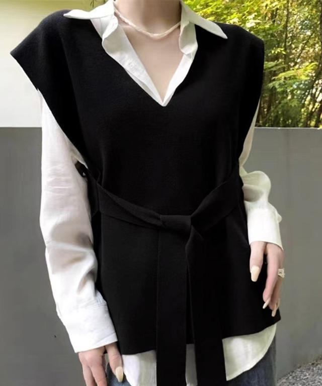 ベルト付きニットベストニットジレVネック 送料無料 即日発送-5