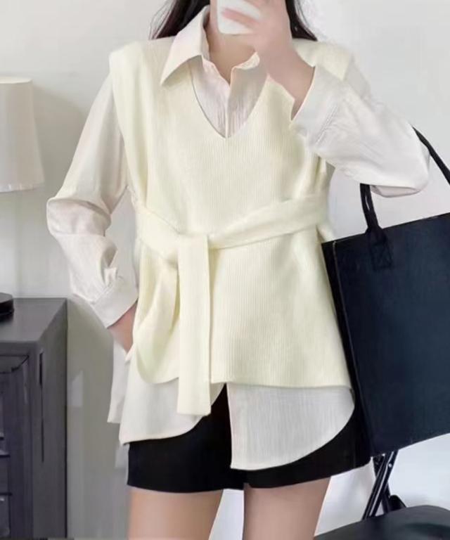 ベルト付きニットベストニットジレVネック 送料無料 即日発送-6