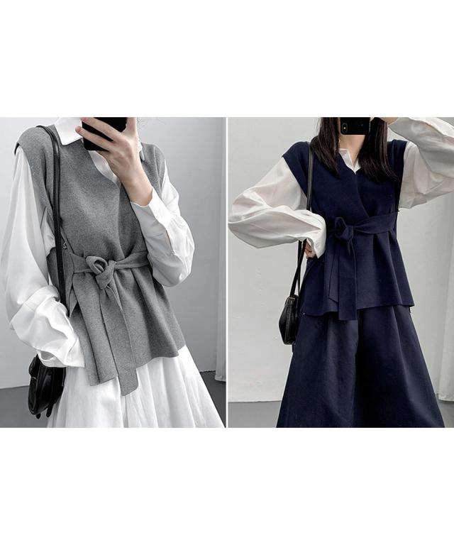 ベルト付きニットベストニットジレVネック 送料無料 即日発送-7