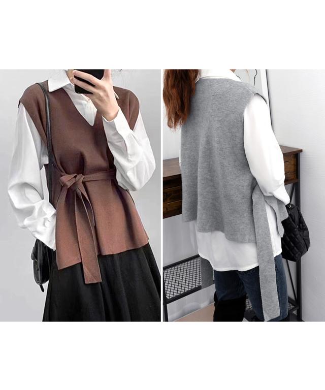 ベルト付きニットベストニットジレVネック 送料無料 即日発送-8