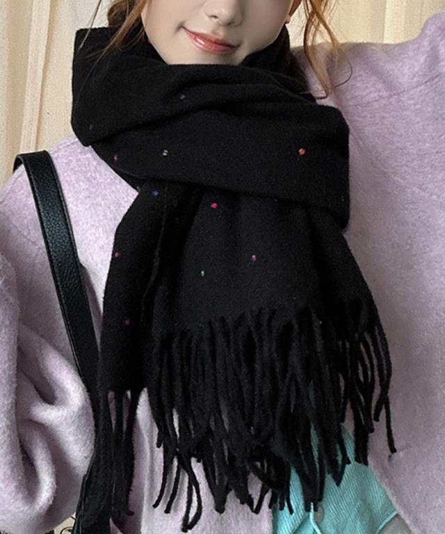 ドット柄 大判マフラーフリンジストール冬 送料無料 即日発送-4
