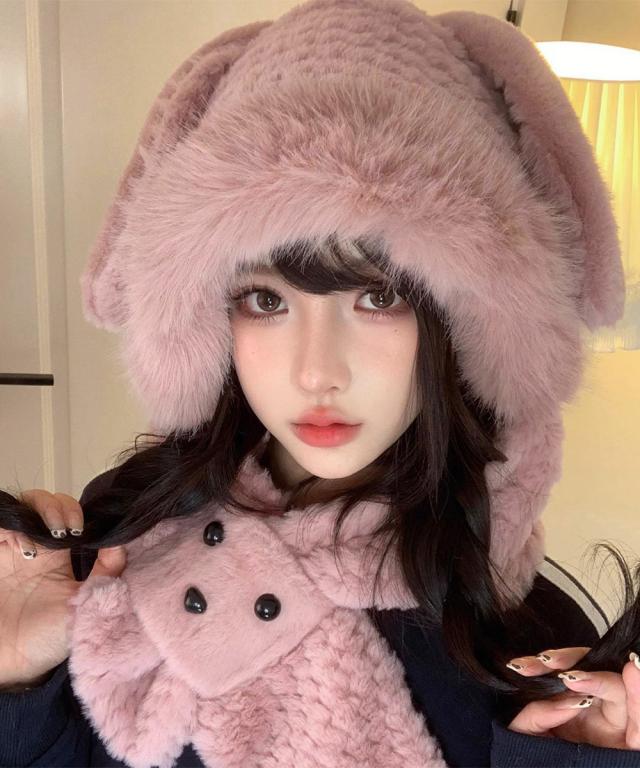 マフラー帽子うさぎ耳 ファー帽子ボア帽子 送料無料 即日発送-9