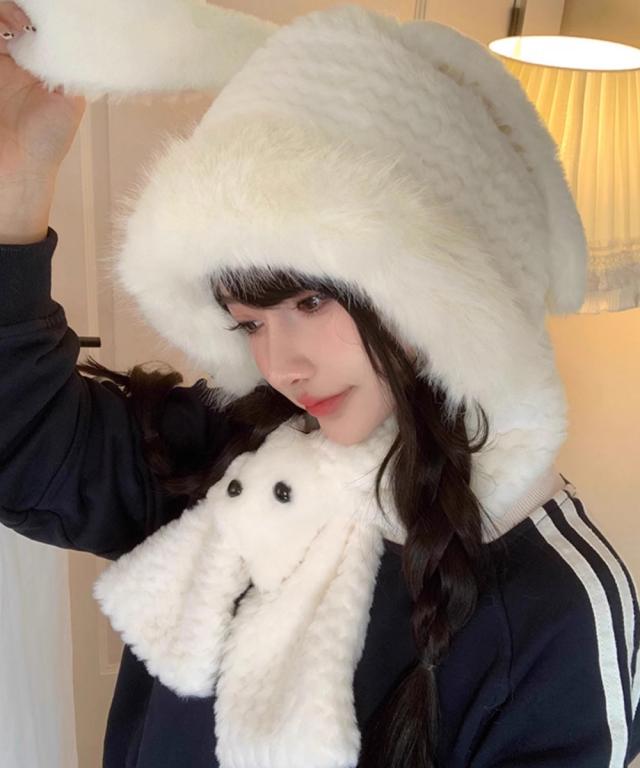 マフラー帽子うさぎ耳 ファー帽子ボア帽子 送料無料 即日発送-5
