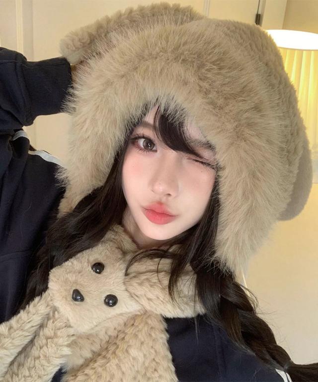 マフラー帽子うさぎ耳 ファー帽子ボア帽子 送料無料 即日発送-7