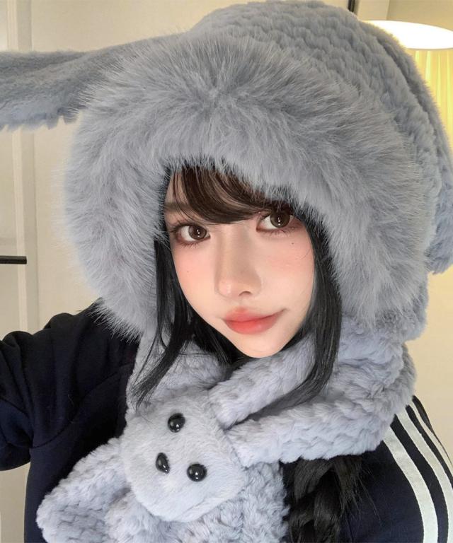マフラー帽子うさぎ耳 ファー帽子ボア帽子 送料無料 即日発送-8