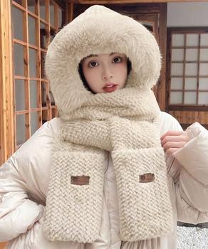 ニット帽子 マフラー手袋一体型ファー帽子 送料無料 即日発送-6