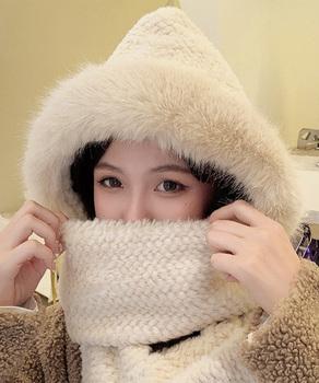ニット帽子 マフラー手袋一体型ファー帽子 送料無料 即日発送-7