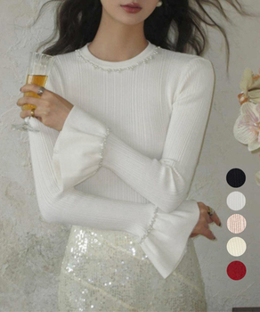 パール付きニットトップス フレアスリーブ 送料無料 即日発送-0