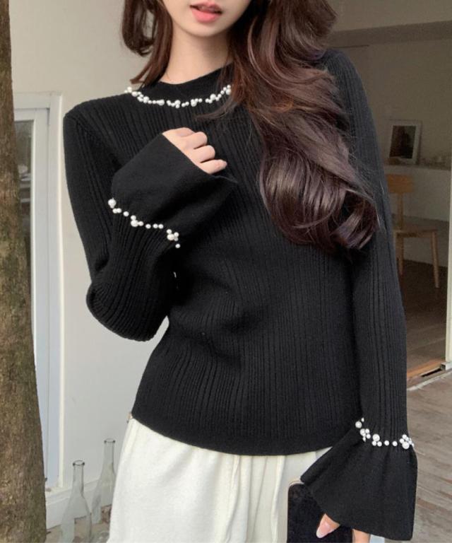 パール付きニットトップス フレアスリーブ 送料無料 即日発送-4