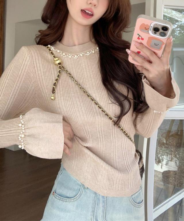 パール付きニットトップス フレアスリーブ 送料無料 即日発送-6