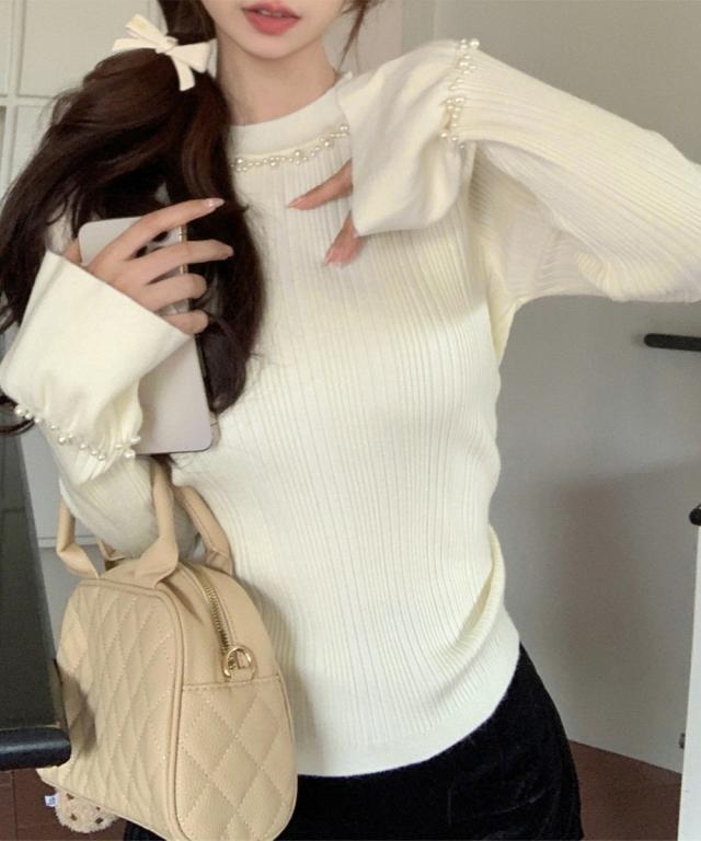 パール付きニットトップス フレアスリーブ 送料無料 即日発送-7