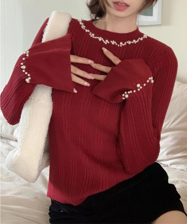 パール付きニットトップス フレアスリーブ 送料無料 即日発送-8