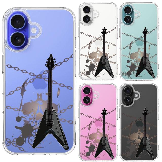 iPhone16 ケース クリア エレキギター スカル スマホケース 側面ソフト 背面ハード ハイブリッド  送料無料-1