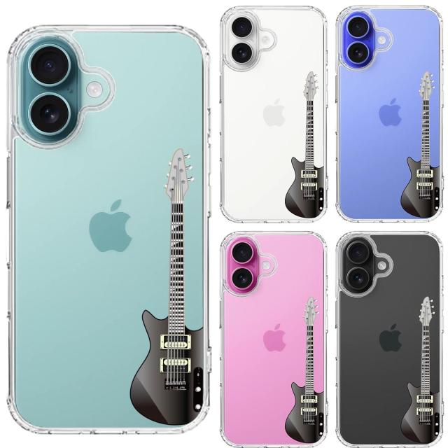 iPhone16 ケース クリア エレキギター 黒 スマホケース 側面ソフト 背面ハード ハイブリッド  送料無料-1