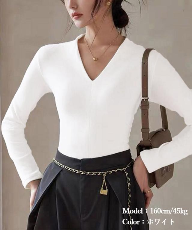 Vネック ベーシック 長袖 カットソー 送料無料 即日発送-6