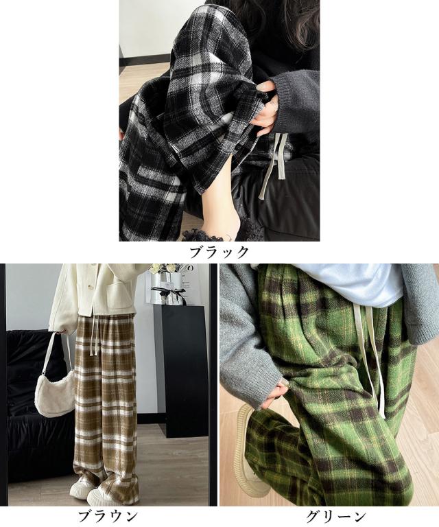 チェック柄パンツハイウエストワイドパンツ 送料無料 即日発送-1