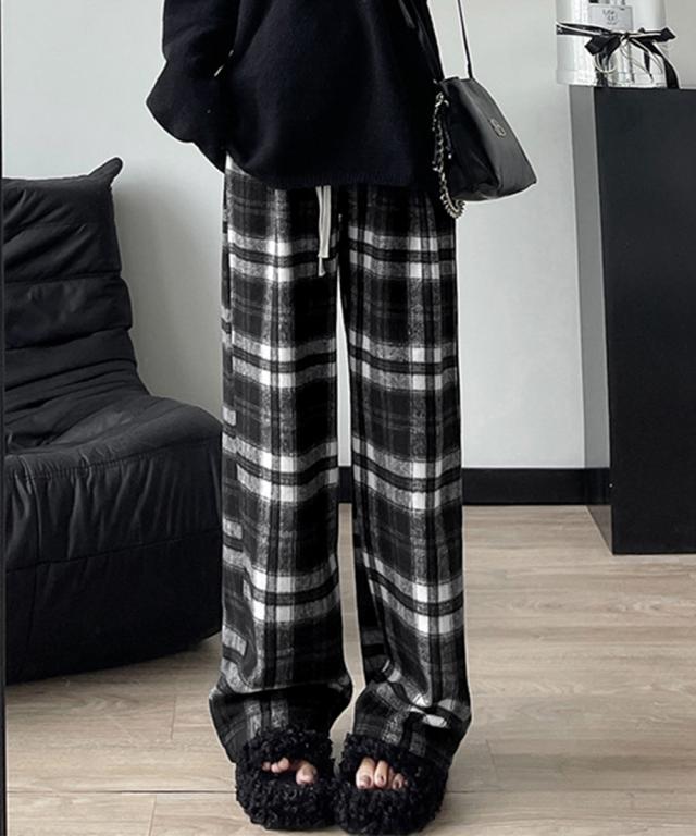 チェック柄パンツハイウエストワイドパンツ 送料無料 即日発送-4