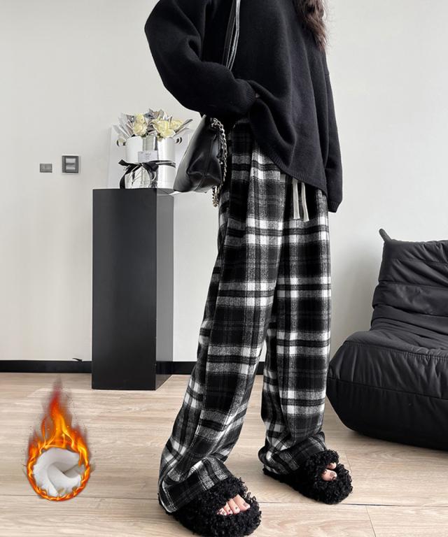 チェック柄パンツハイウエストワイドパンツ 送料無料 即日発送-5