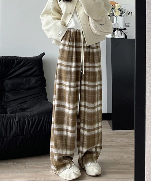 チェック柄パンツハイウエストワイドパンツ 送料無料 即日発送-6