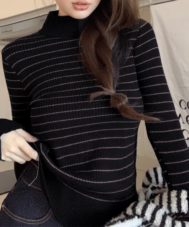 裏微起毛ニットトップスボーダーニット厚手 送料無料 即日発送-4