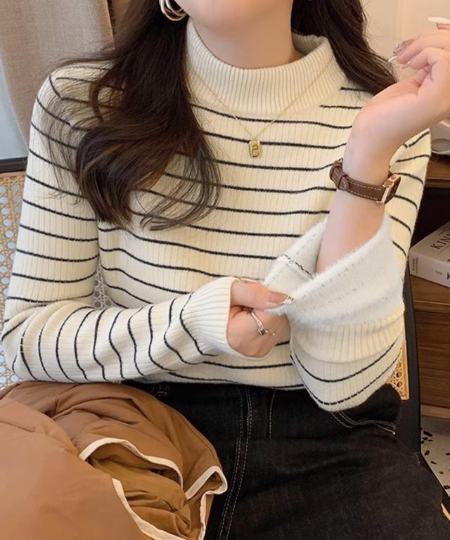 裏微起毛ニットトップスボーダーニット厚手 送料無料 即日発送-7