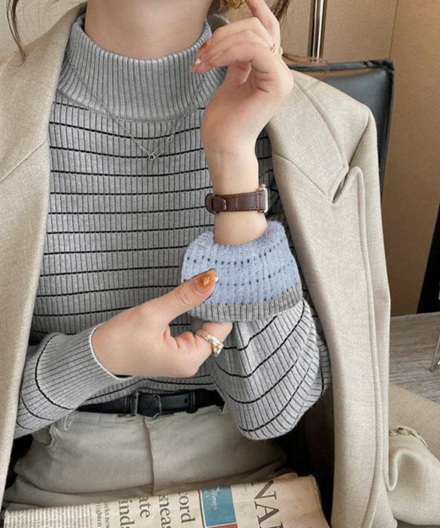 裏微起毛ニットトップスボーダーニット厚手 送料無料 即日発送-8