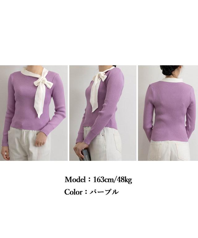 リボンネック リブニット トップス 送料無料 即日発送-9