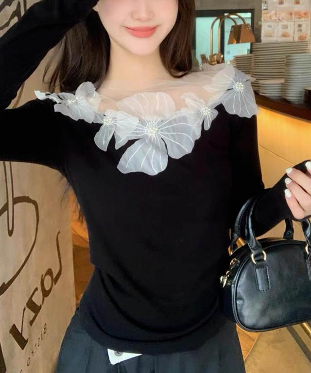 花柄装飾 長袖 リブトップス 送料無料 即日発送-4