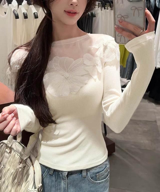花柄装飾 長袖 リブトップス 送料無料 即日発送-8