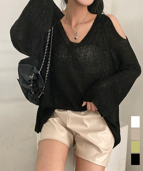 サマーニット 薄手長袖 Vネック 肩出し 送料無料 即日発送-0