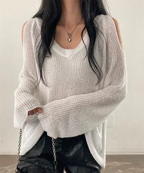 サマーニット 薄手長袖 Vネック 肩出し 送料無料 即日発送-2