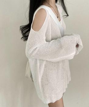 サマーニット 薄手長袖 Vネック 肩出し 送料無料 即日発送-3