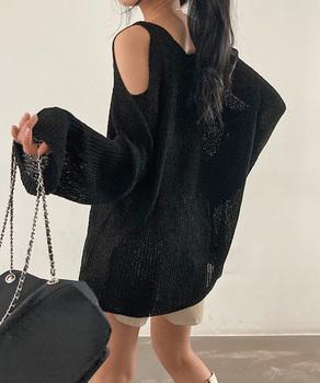 サマーニット 薄手長袖 Vネック 肩出し 送料無料 即日発送-5