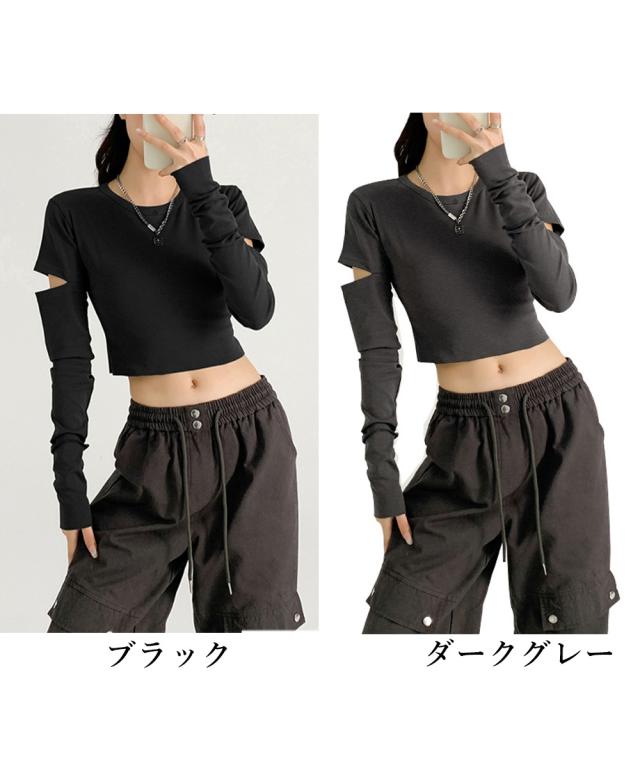長袖Tシャツ 袖カットアウト カットソー 送料無料 即日発送-1