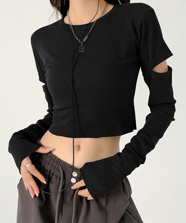 長袖Tシャツ 袖カットアウト カットソー 送料無料 即日発送-4