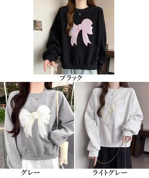 刺しゅうリボンスウェット裏微起毛トップス 送料無料 即日発送-1