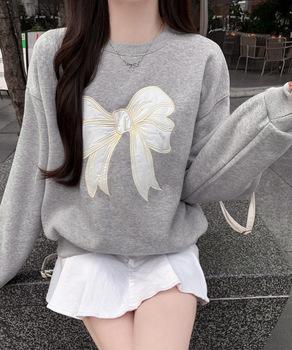 刺しゅうリボンスウェット裏微起毛トップス 送料無料 即日発送-4