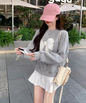 刺しゅうリボンスウェット裏微起毛トップス 送料無料 即日発送-5