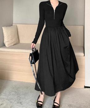 ハーフジップロングワンピース 黒 送料無料 即日発送-2