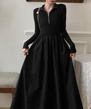 ハーフジップロングワンピース 黒 送料無料 即日発送-3