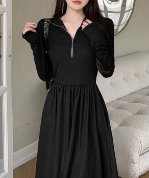 ハーフジップロングワンピース 黒 送料無料 即日発送-4